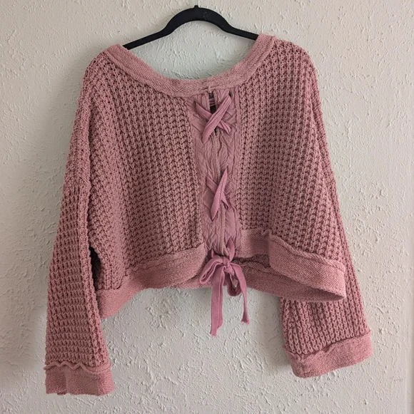 Free People Waffle Knit Lace Up Bow Back Pullover Sweater - Picture 4 of 5